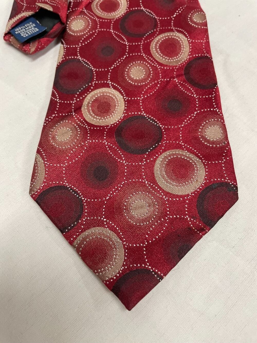 John Ashford 100% Silk Men's Tie Stain Resistant Dark Red Circular Pattern